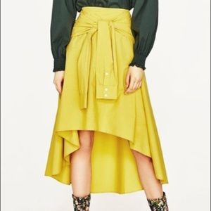 Zara Yellow Flare Midi Skirt with Shirt Tie